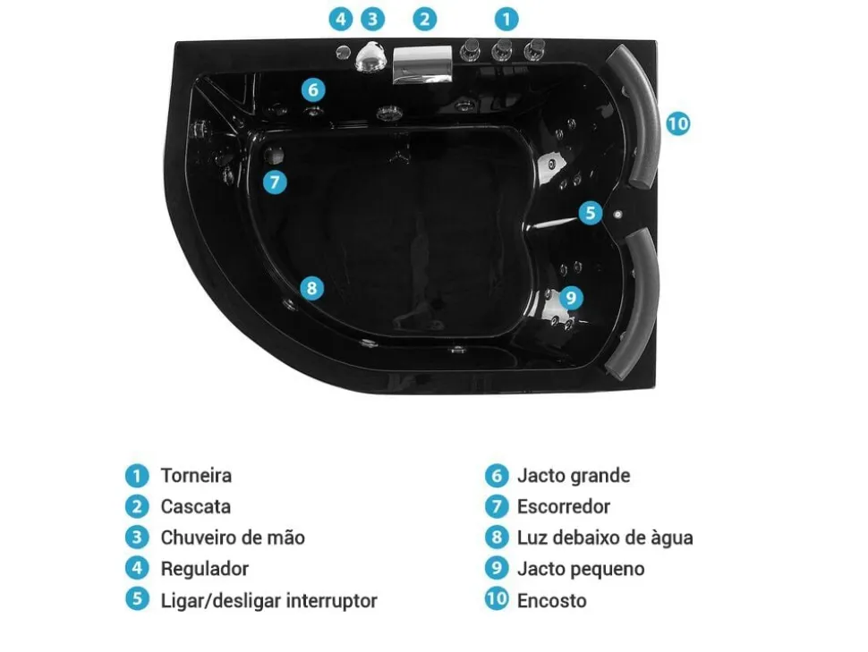 Banheira De Hidromassagem De Canto Versao A Esquerda Em Acrilico Preto Com Led 160 X 113 Cm Paradiso