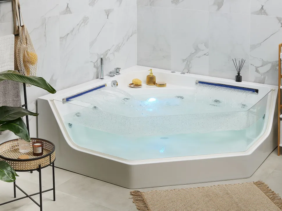 Banheira De Hidromassagem De Canto Em Acrilico Branco Com Led 211 X 150 Cm Caceres