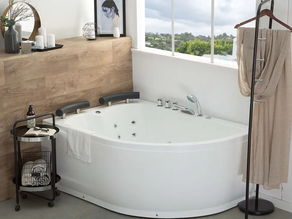 Banheira De Hidromassagem De Canto Versao A Direita Em Acrilico Branco Com Led 160 X 113 Cm Paradiso