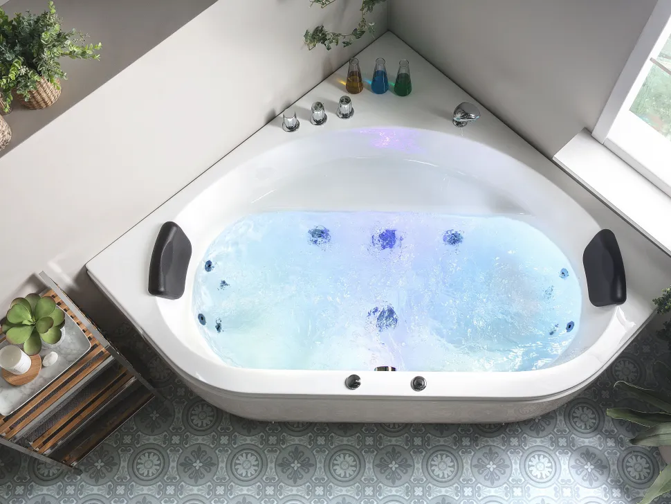 Banheira De Hidromassagem De Canto Em Acrilico Branco Com Led 140 X 140 Cm Meves