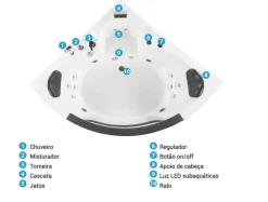 Banheira De Hidromassagem De Canto Em Acrilico Branco Com Led 140 X 140 Cm Martinica Ii