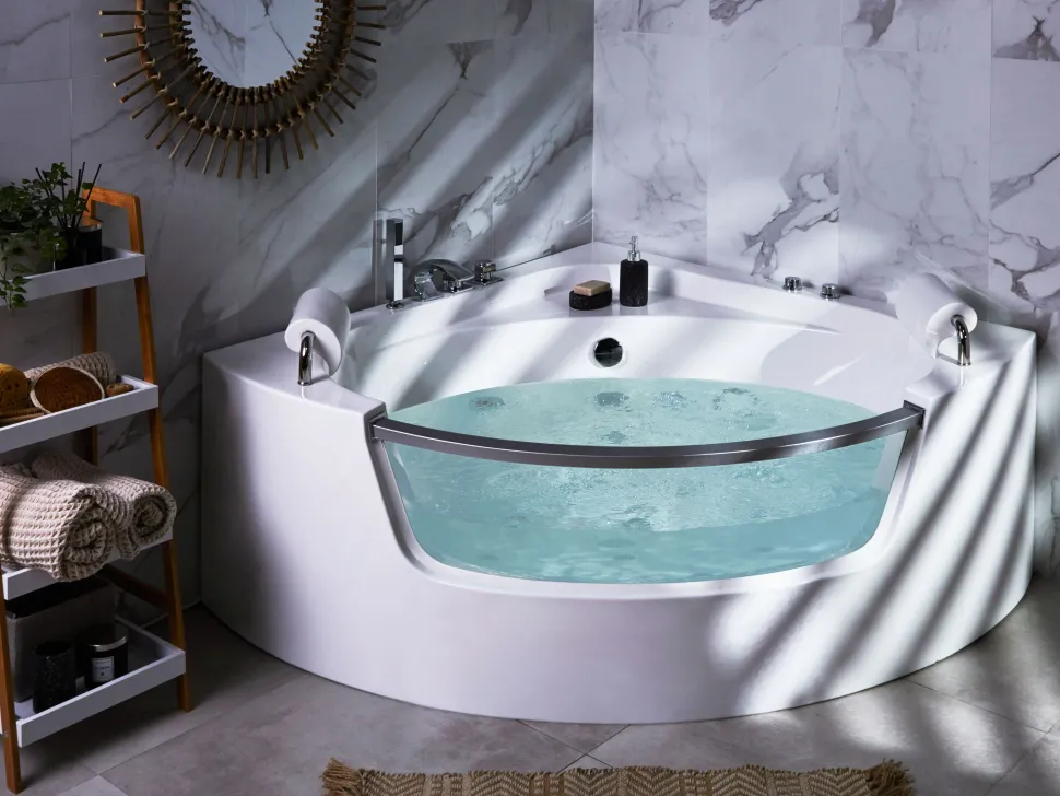Banheira De Hidromassagem De Canto Em Acrilico Branco Com Led 201 X 150 Cm Mangle