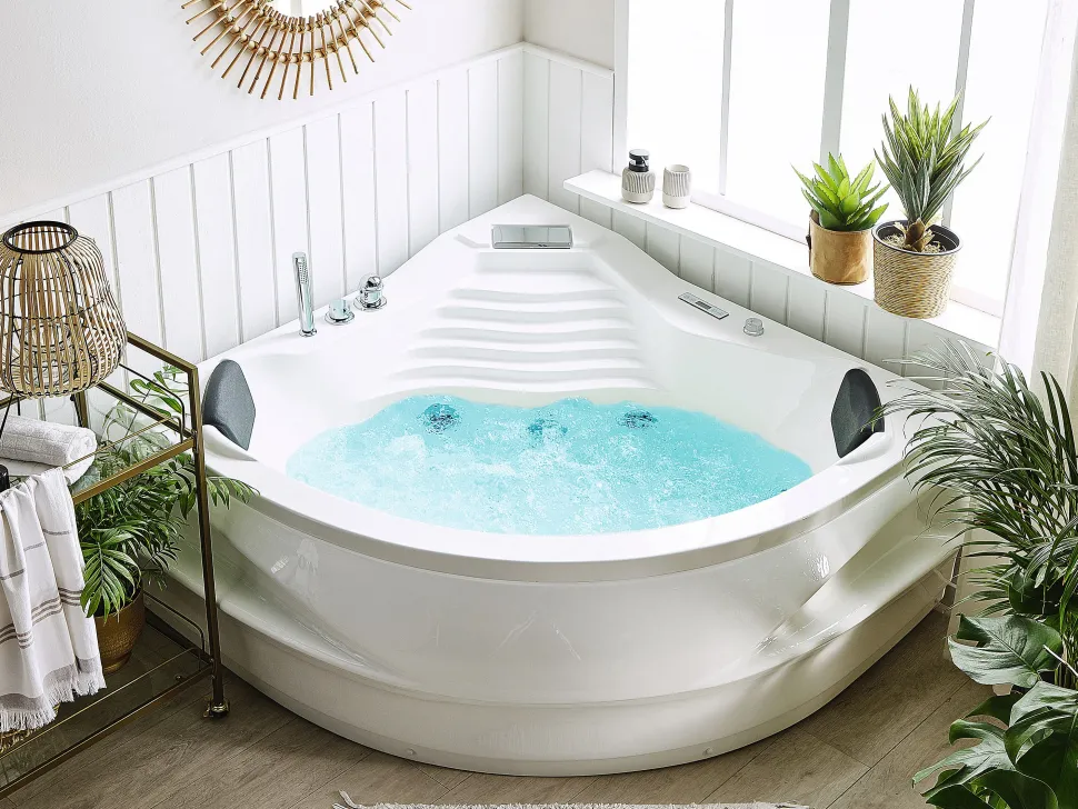 Banheira De Hidromassagem De Canto Em Acrilico Branco Com Led E Coluna Bluetooth 210 X 145 Cm Monaco