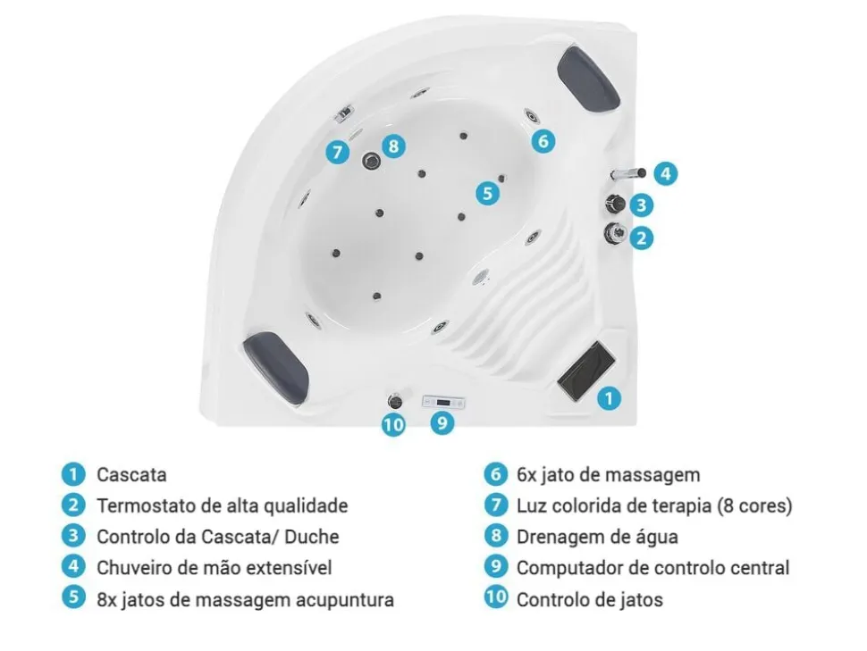 Banheira De Hidromassagem De Canto Em Acrilico Branco Com Led E Coluna Bluetooth 210 X 145 Cm Monaco