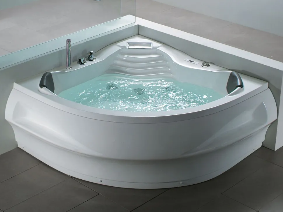 Banheira De Hidromassagem De Canto Em Acrilico Branco Com Led E Coluna Bluetooth 210 X 145 Cm Monaco