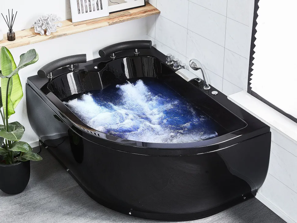 Banheira De Hidromassagem De Canto Versao A Direita Em Acrilico Preto Com Led 160 X 113 Cm Paradiso