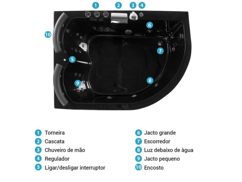Banheira De Hidromassagem De Canto Versao A Direita Em Acrilico Preto Com Led 160 X 113 Cm Paradiso