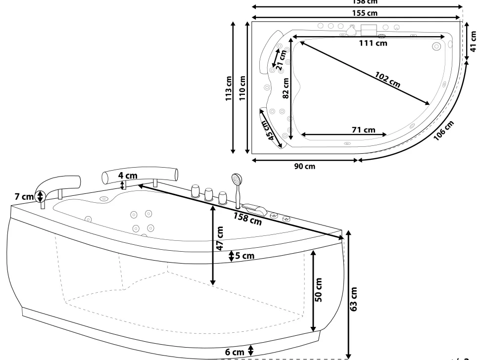 Banheira De Hidromassagem De Canto Versao A Direita Em Acrilico Preto Com Led 160 X 113 Cm Paradiso