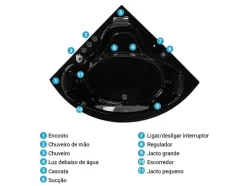Banheira De Hidromassagem De Canto Em Acrilico Preto Com Led 146 X 146 Cm Tocoa