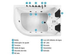 Banheira De Hidromassagem De Canto Esquerdo Em Acrilico Branco Com Led 180 X 120 Cm Calama