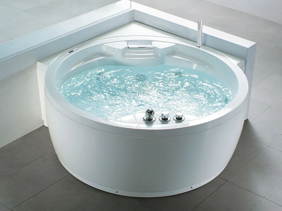 Banheira De Hidromassagem De Canto Em Acrilico Branco Com Led E Coluna Bluetooth 150 X 114 Cm Milano