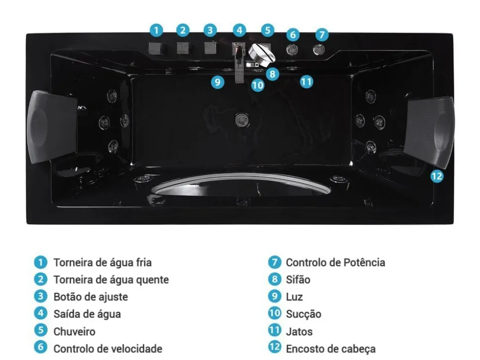 Banheira De Hidromassagem Em Acrilico Preto Com Led 170 X 80 Cm Hawes