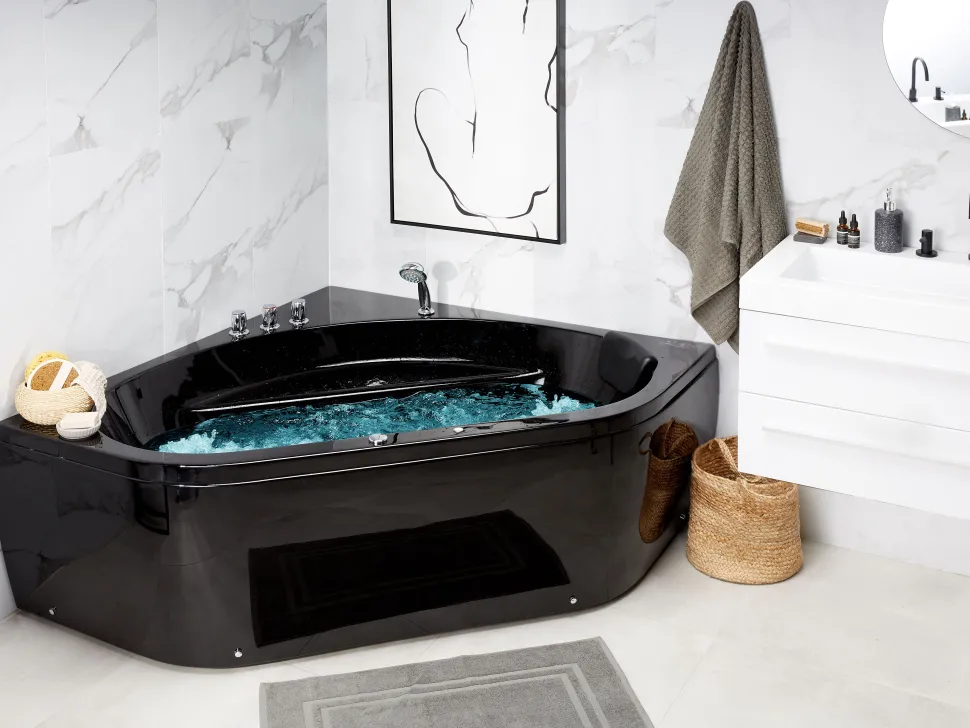 Banheira De Hidromassagem De Canto Em Acrilico Preto Com Led 140 X 140 Cm Meves