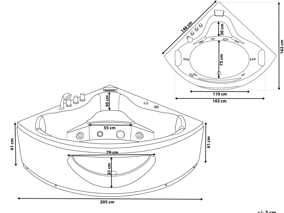 Banheira De Hidromassagem De Canto Em Acrilico Branco Com Led 146 X 146 Cm Tocoa
