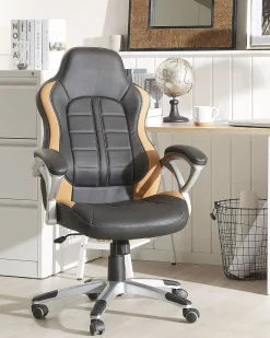 Cadeira De Escritorio Em Pele Sintetica Preta E Castanha Clara Prince