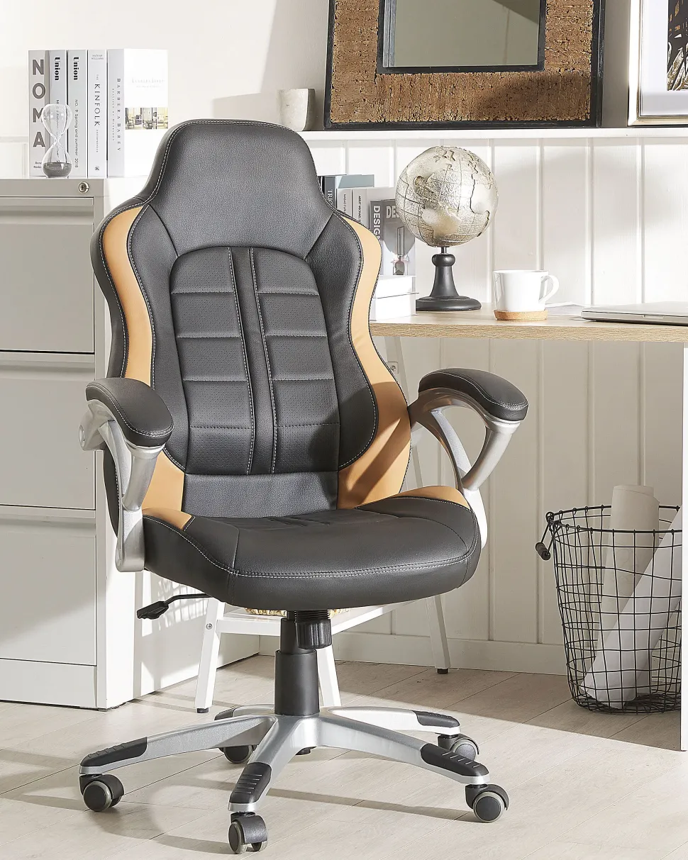 Cadeira De Escritorio Em Pele Sintetica Preta E Castanha Clara Prince