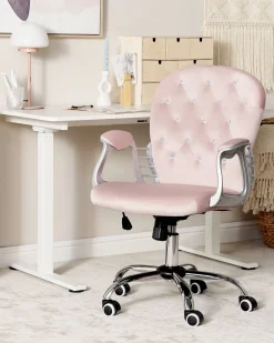 Cadeira De Escritorio Em Veludo Rosa Com Cristais Princess