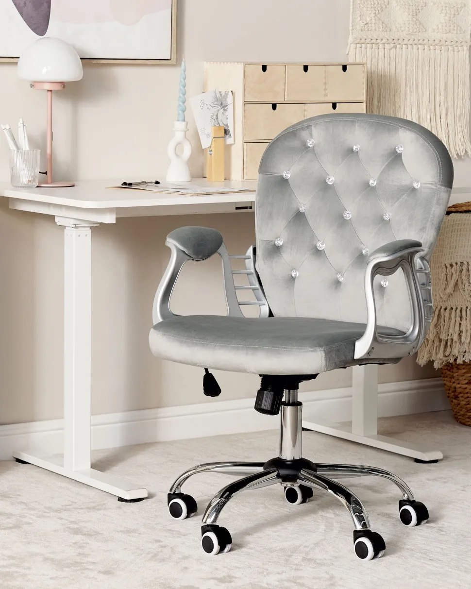 Cadeira De Escritorio Em Veludo Cinzento Claro Com Cristais Princess