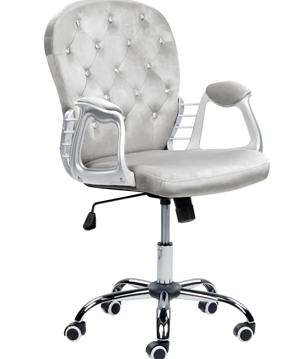 Cadeira De Escritorio Em Veludo Cinzento Claro Com Cristais Princess
