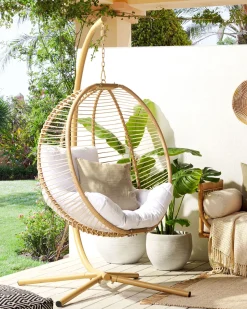 Cadeira Suspensa Em Metal E Corda Creme Com Suporte Arco