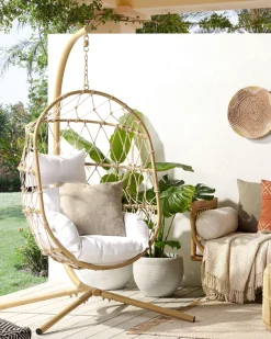 Cadeira Suspensa Em Rattan Creme Com Suporte Adria