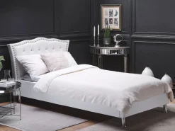 Cama De Solteiro Com Arrumação Em Pele Sintetica Branca 90 X 200 Cm Metz