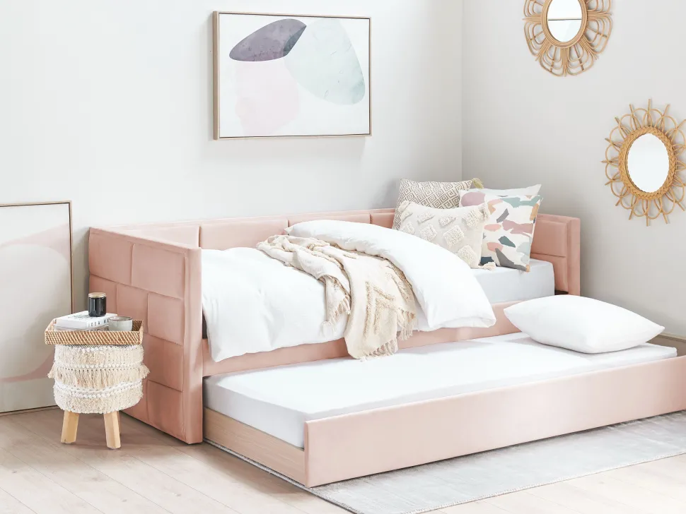 Cama Dupla Em Veludo Rosa Pastel 90 X 200 Cm Chavonne
