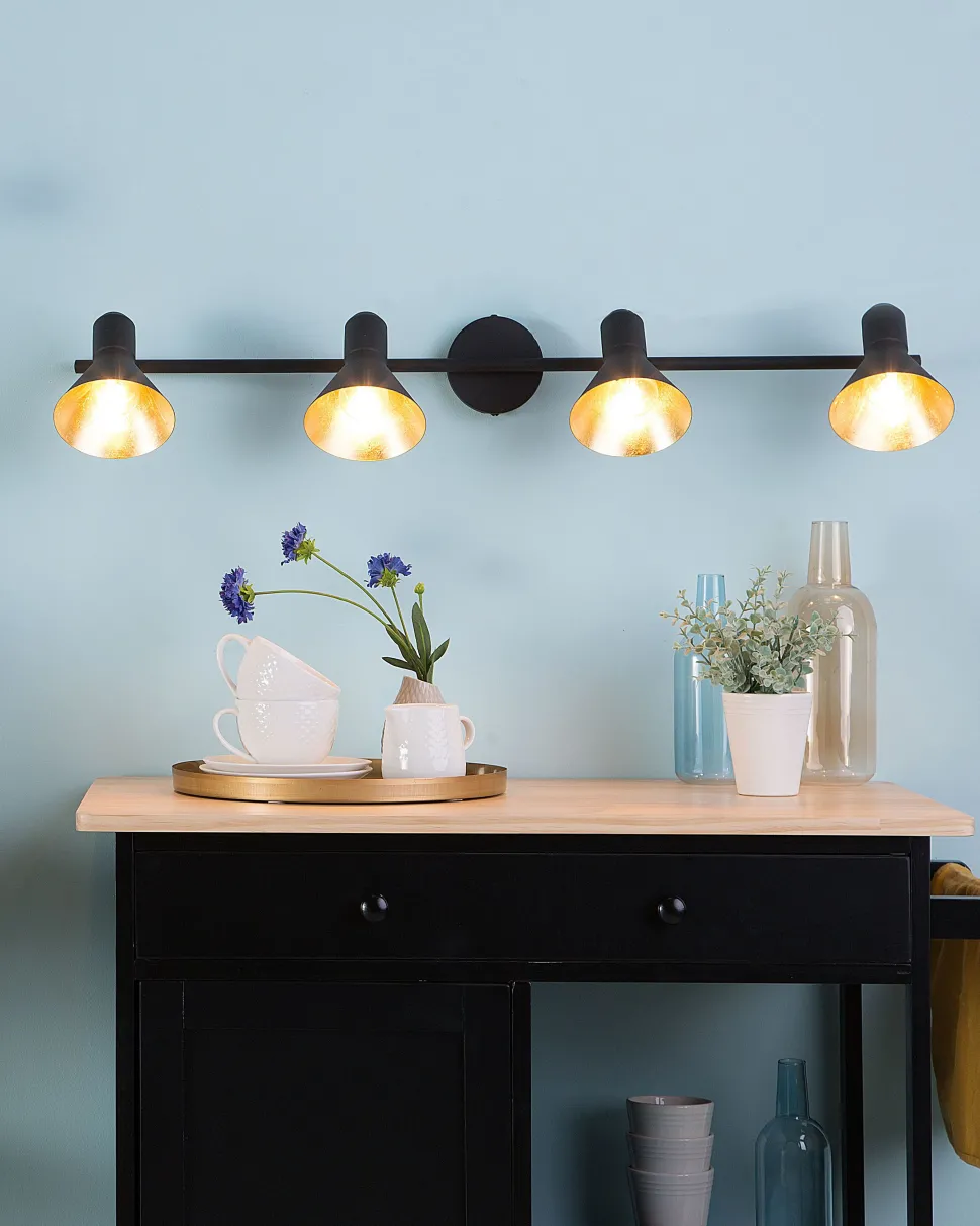 Candeeiro 4 Luzes De Parede Ou Teto Em Metal Preto E Dourado Mersey Iv