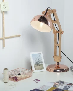 Candeeiro De Mesa Articulado Em Metal Cor De Cobre E Madeira Salado