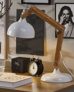 Candeeiro De Mesa Articulado Em Metal Branco E Madeira Salado