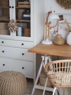 Candeeiro De Mesa Articulado Em Metal Branco E Madeira Salado