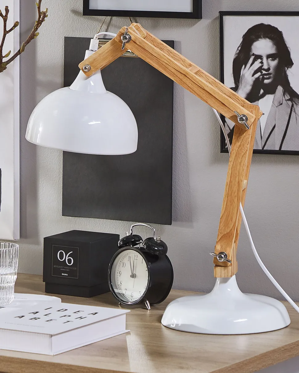 Candeeiro De Mesa Articulado Em Metal Branco E Madeira Salado