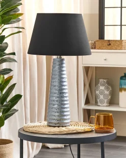 Candeeiro De Mesa Ceramica Prateada E Abajur Preto 58 Cm Vilnia