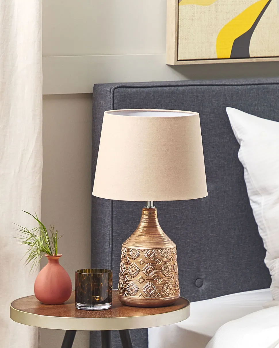 Candeeiro De Mesa De Ceramica Creme E Castanho Dourado 47 Cm Wari