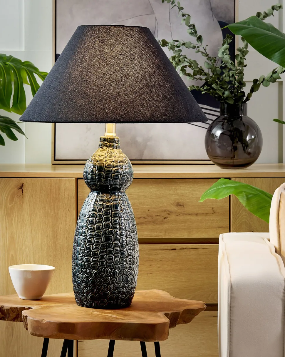 Candeeiro De Mesa Em Ceramica Azul Escuro E Preto 60 Cm Matina