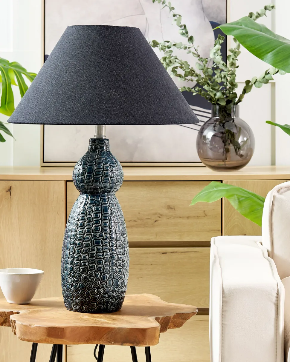 Candeeiro De Mesa Em Ceramica Azul Escuro E Preto 60 Cm Matina