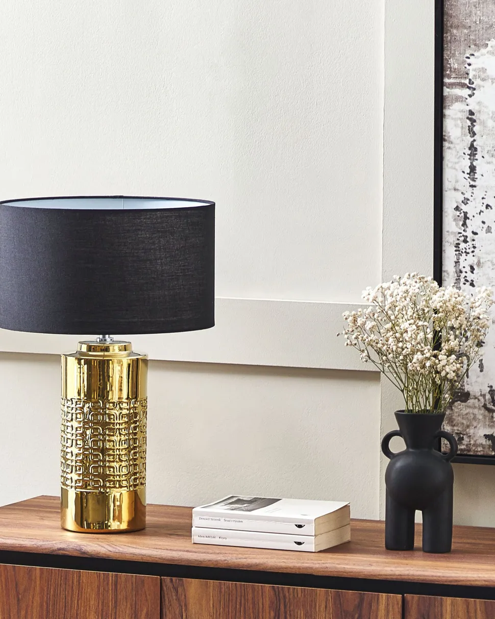 Candeeiro De Mesa Em Ceramica Dourado E Preto 48 Cm Cimarron