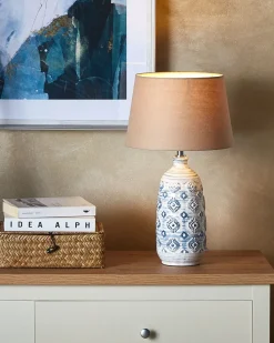 Candeeiro De Mesa Em Ceramica Branco E Azul Palakaria