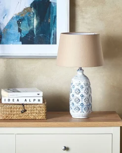 Candeeiro De Mesa Em Ceramica Branco E Azul Palakaria