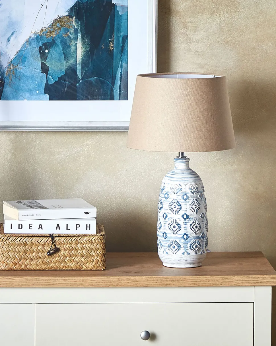 Candeeiro De Mesa Em Ceramica Branco E Azul Palakaria