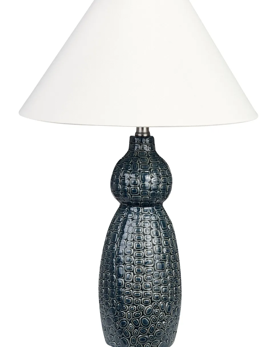 Candeeiro De Mesa Em Ceramica Azul Escuro E Branco 60 Cm Matina