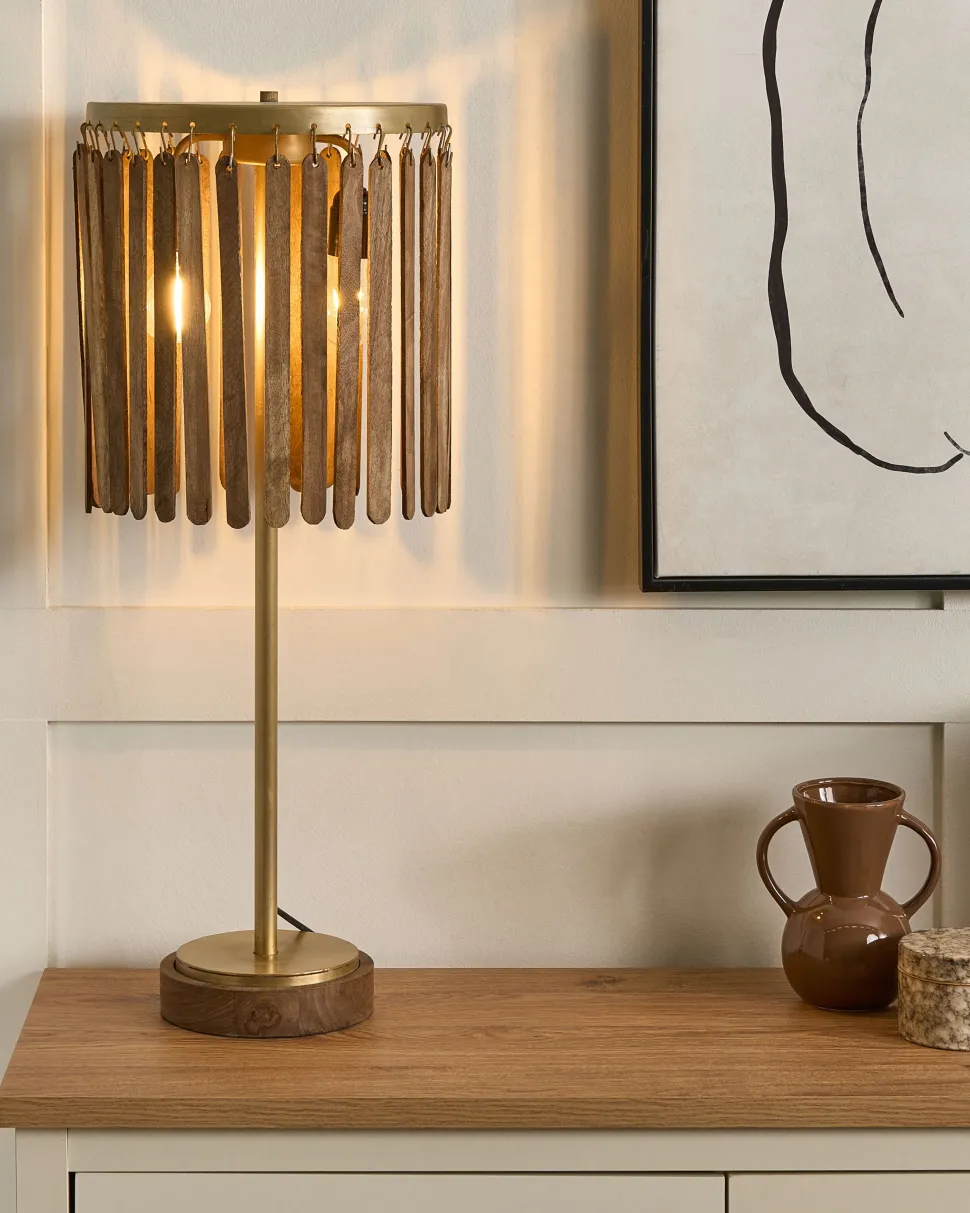 Candeeiro De Mesa Em Madeira Escura De Mango E Cobre 77 Cm Sabari