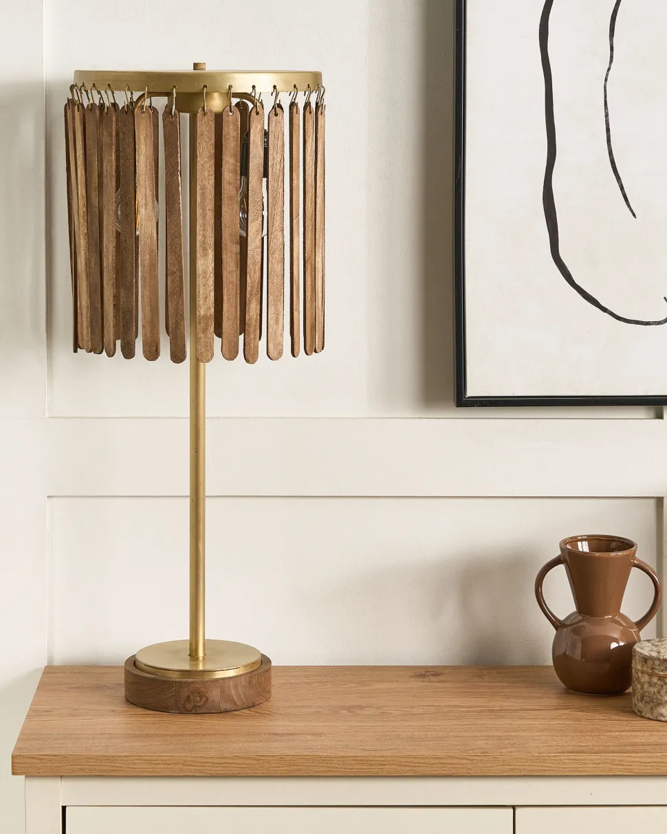 Candeeiro De Mesa Em Madeira Escura De Mango E Cobre 77 Cm Sabari