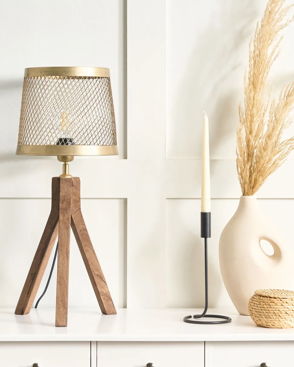 Candeeiro De Mesa Em Madeira Escura De Mango E Cobre 63 Cm Beki