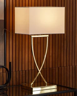 Candeeiro De Mesa Em Metal Dourado E Abajur Branco Yasuni