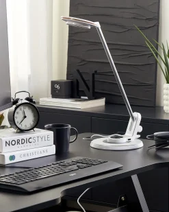 Candeeiro De Mesa Led Em Metal Branco E Prateado Com Porta Usb Corvus