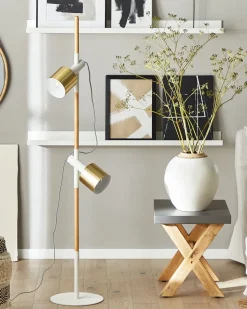 Candeeiro De Pe Em Madeira E Metal Branco E Dourado Com 2 Abajures Owens