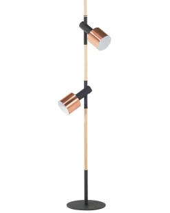 Candeeiro De Pe Em Madeira E Metal Preto E Cor De Cobre Com 2 Abajures Owens