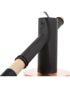 Candeeiro De Pe Em Madeira E Metal Preto E Cor De Cobre Com 2 Abajures Owens