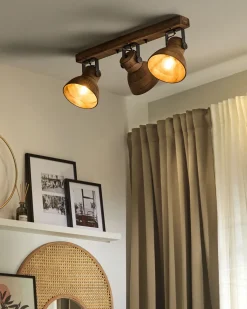 Candeeiro De Teto Com 3 Focos Em Madeira Escura Pennai